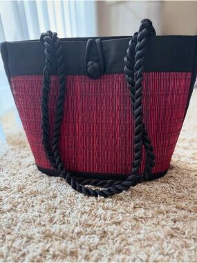 Baskets of Cambodia Red & Black Woven Tote Bag